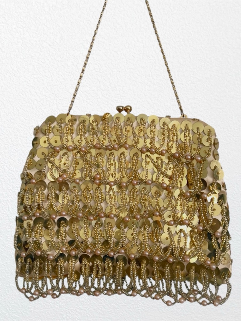 Vintage Handmade beaded sequined evening bag Gold Small